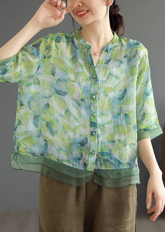 Green Print Patchwork Linen Shirt Top V Neck Button Half Sleeve