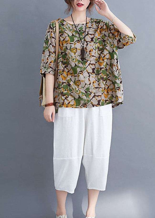 Green Print Patchwork Linen T Shirt O Neck Short Sleeve