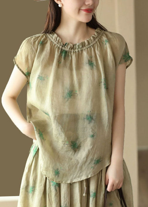 Green Print Patchwork Linen T Shirt Top Ruffled Short Sleeve