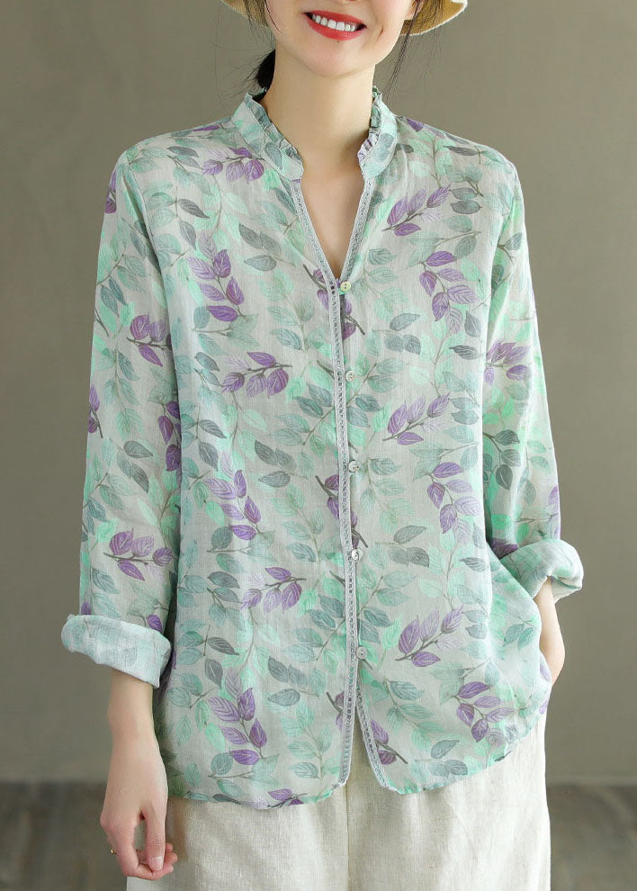 Green Print Patchwork Linen Top V Neck Ruffled Button Long Sleeve