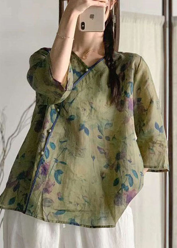 Green Print Patchwork Linen Tops V Neck Chinese Button Summer