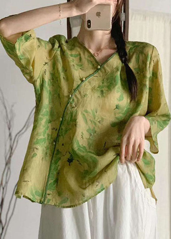 Green Print Patchwork Linen Tops V Neck Chinese Button Summer