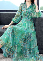 Green Print Patchwork Silk Dress Ruffled Lantern Sleeve