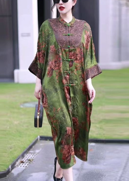 Green Print Patchwork Silk Long Coat Stand Collar Spring