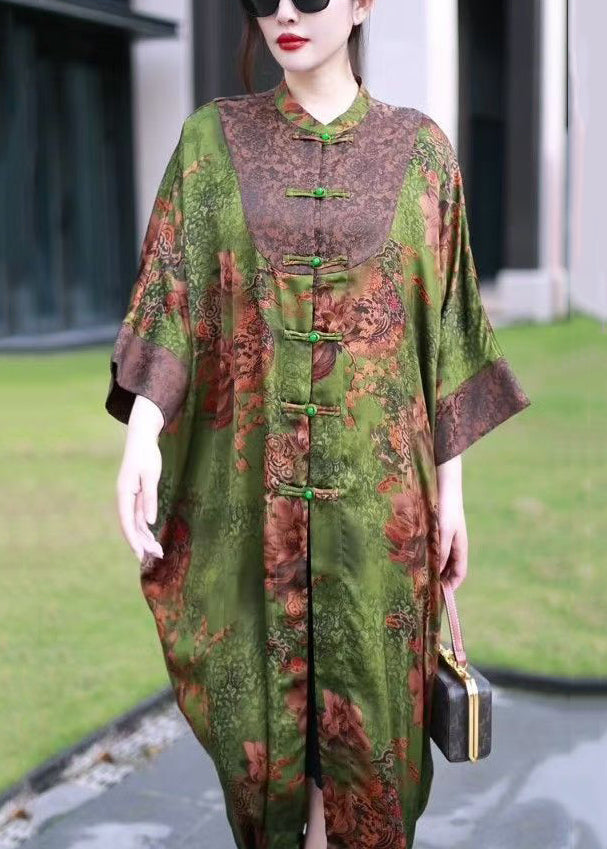 Green Print Patchwork Silk Long Coat Stand Collar Spring