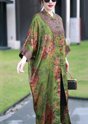 Green Print Patchwork Silk Long Coat Stand Collar Spring