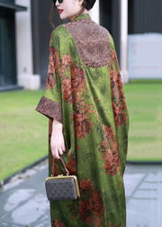 Green Print Patchwork Silk Long Coat Stand Collar Spring