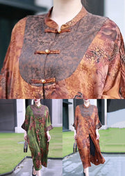 Green Print Patchwork Silk Long Coat Stand Collar Spring