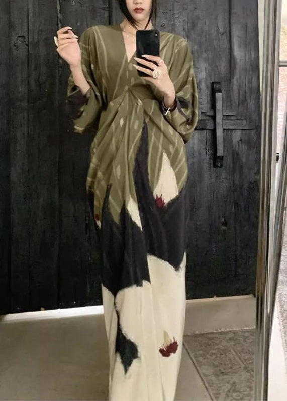 Green Print Patchwork Wrinkled Long Dress Long Sleeve