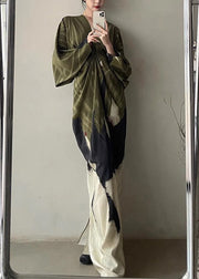 Green Print Patchwork Wrinkled Long Dress Long Sleeve