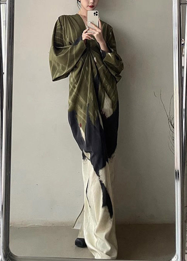 Green Print Patchwork Wrinkled Long Dress Long Sleeve