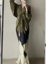 Green Print Patchwork Wrinkled Long Dress Long Sleeve