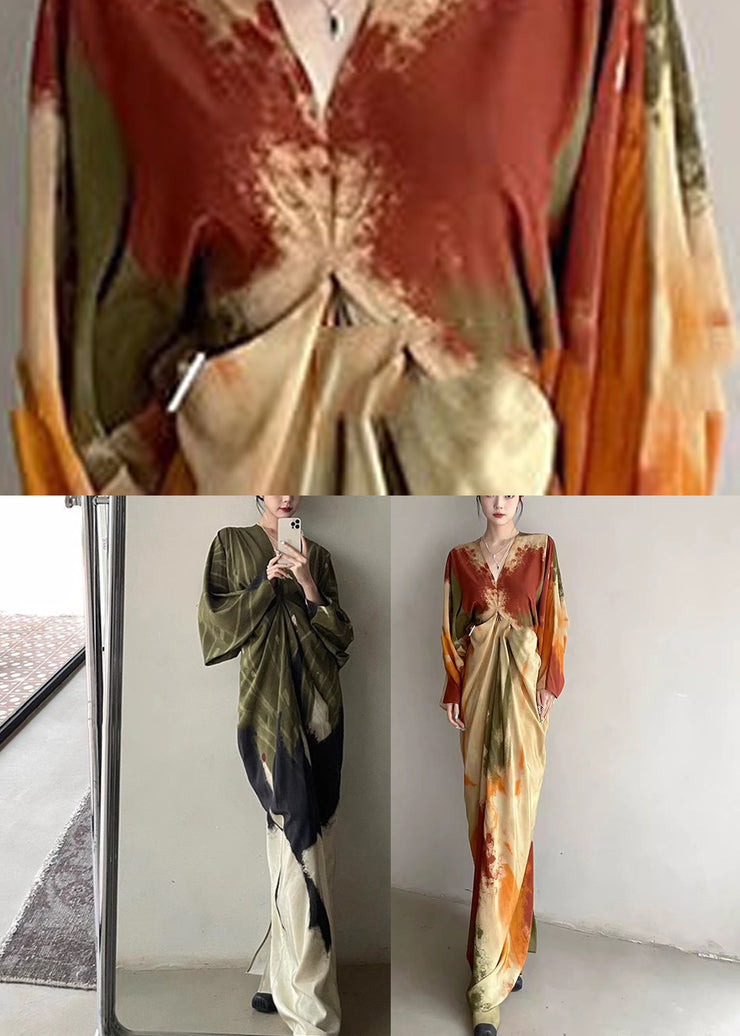 Green Print Patchwork Wrinkled Long Dress Long Sleeve