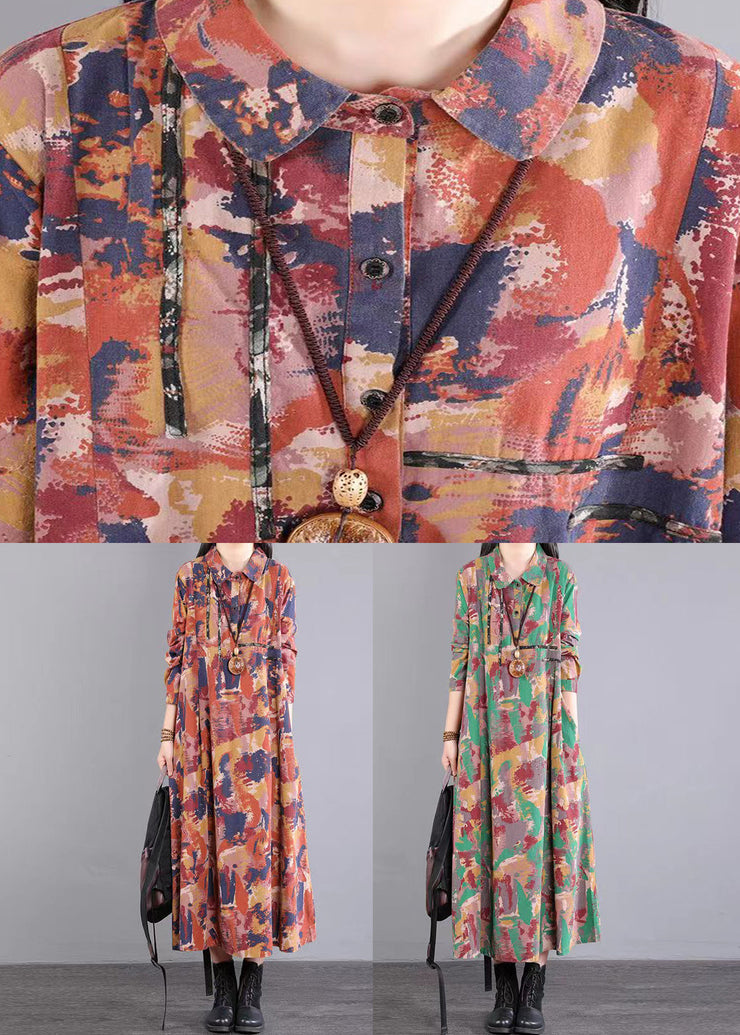 Green Print Pockets Patchwork Cotton Long Dress Peter Pan Collar Fall