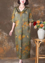 Green Print Pockets Silk Dresses V Neck Half Sleeve