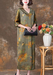 Green Print Pockets Silk Dresses V Neck Half Sleeve