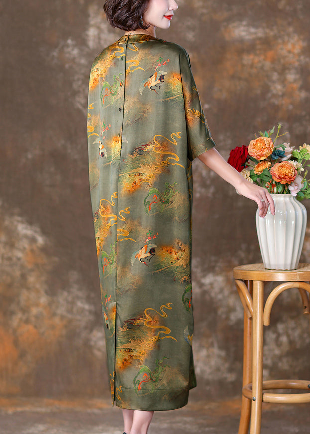 Green Print Pockets Silk Dresses V Neck Half Sleeve