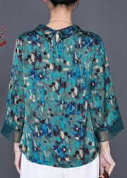 Green Print Silk Blouse Tops Peter Pan Collar Bracelet Sleeve