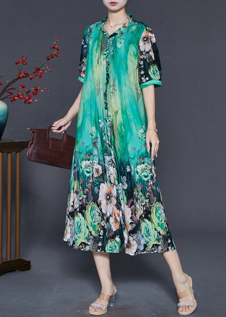 Green Print Silk Dress Ruffled Wrinkled Summer