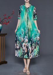 Green Print Silk Dress Ruffled Wrinkled Summer