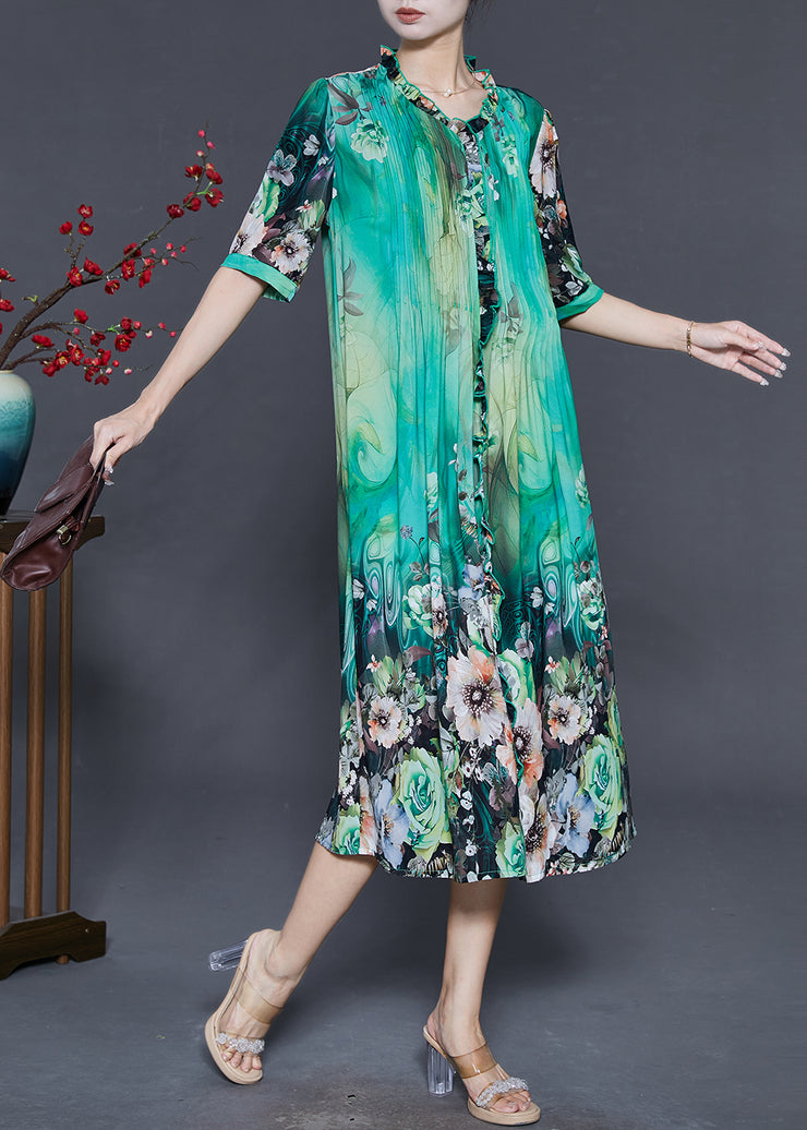 Green Print Silk Dress Ruffled Wrinkled Summer