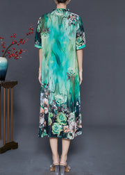 Green Print Silk Dress Ruffled Wrinkled Summer