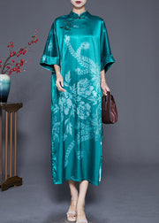 Green Print Silk Dresses Chinese Style Chinese Button Summer