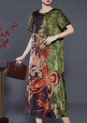 Green Print Silk Holiday Dress Chinese Button Summer