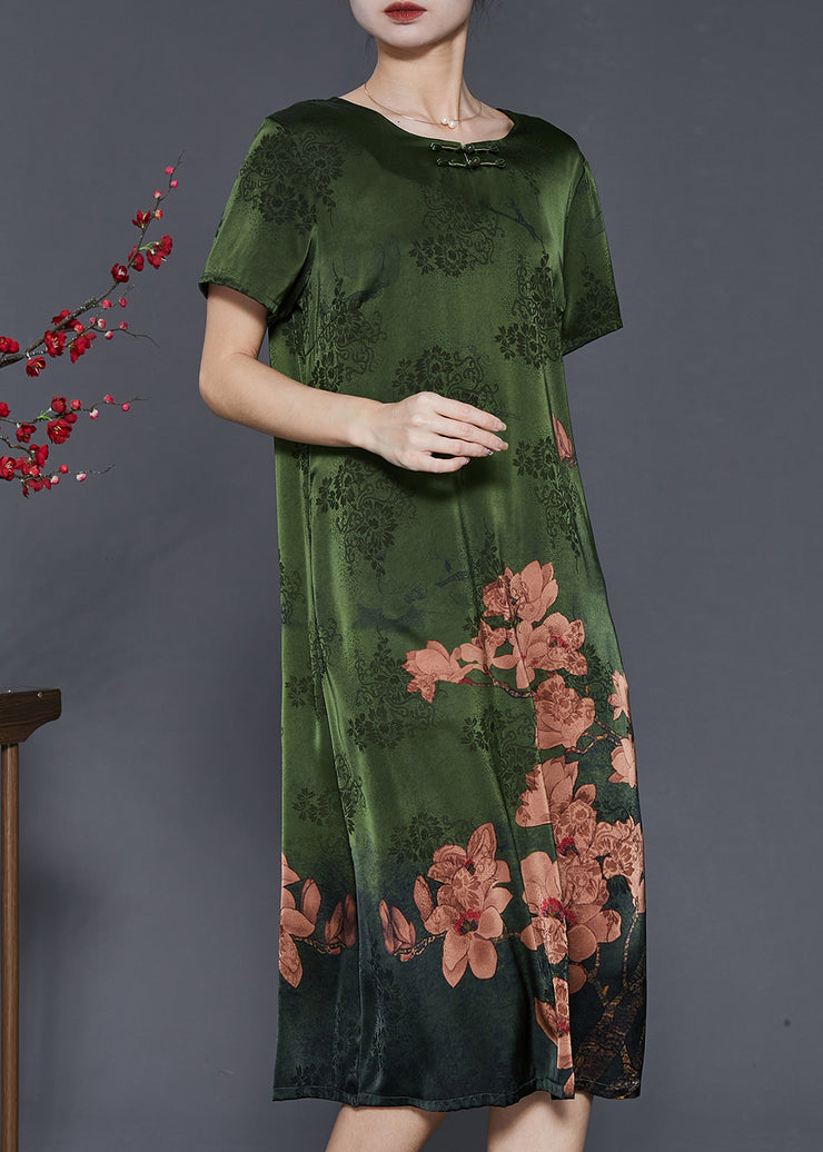 Green Print Silk Long Dress Chinese Button Summer