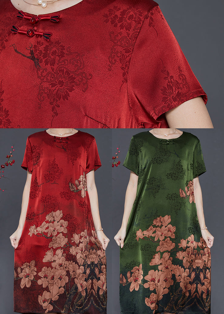 Green Print Silk Long Dress Chinese Button Summer