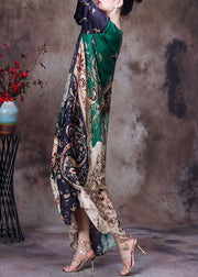 Green Print Silk Long Dresses Asymmetrical Deaign Half Sleeve