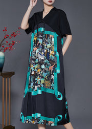 Green Print Silk Oriental Dresses Tasseled Summer