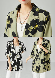 Green Print Silk Shirts Oversized Turn-down Collar Short Sleeve