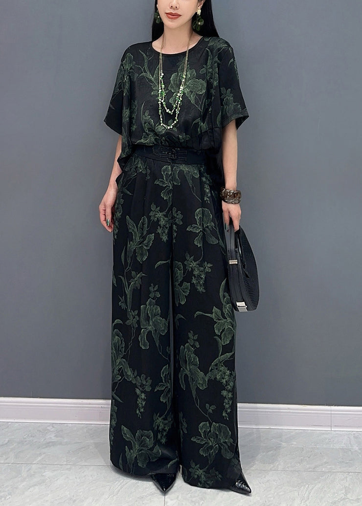 Green Print Silk Tops And Pants Two Pieces Set Summer