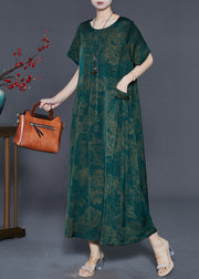 Green Print Silk Vacation Dresses Oversized Pockets Summer