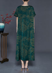 Green Print Silk Vacation Dresses Oversized Pockets Summer