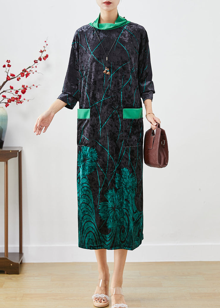 Green Print Silk Velour Maxi Dresses Turtle Neck Half Sleeve