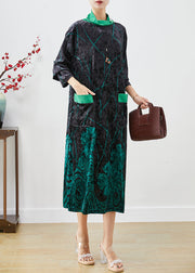 Green Print Silk Velour Maxi Dresses Turtle Neck Half Sleeve