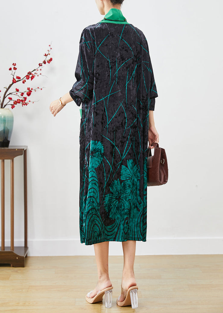 Green Print Silk Velour Maxi Dresses Turtle Neck Half Sleeve