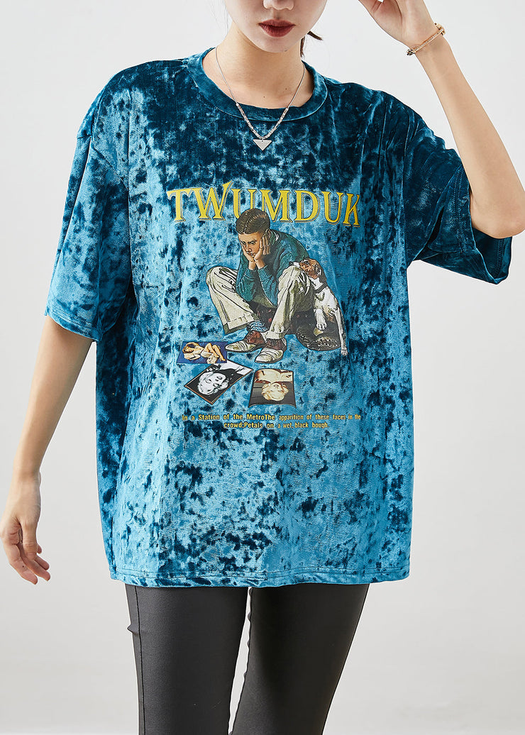 Green Print Silk Velour Pullover Streetwear Oversized Short Sleeve