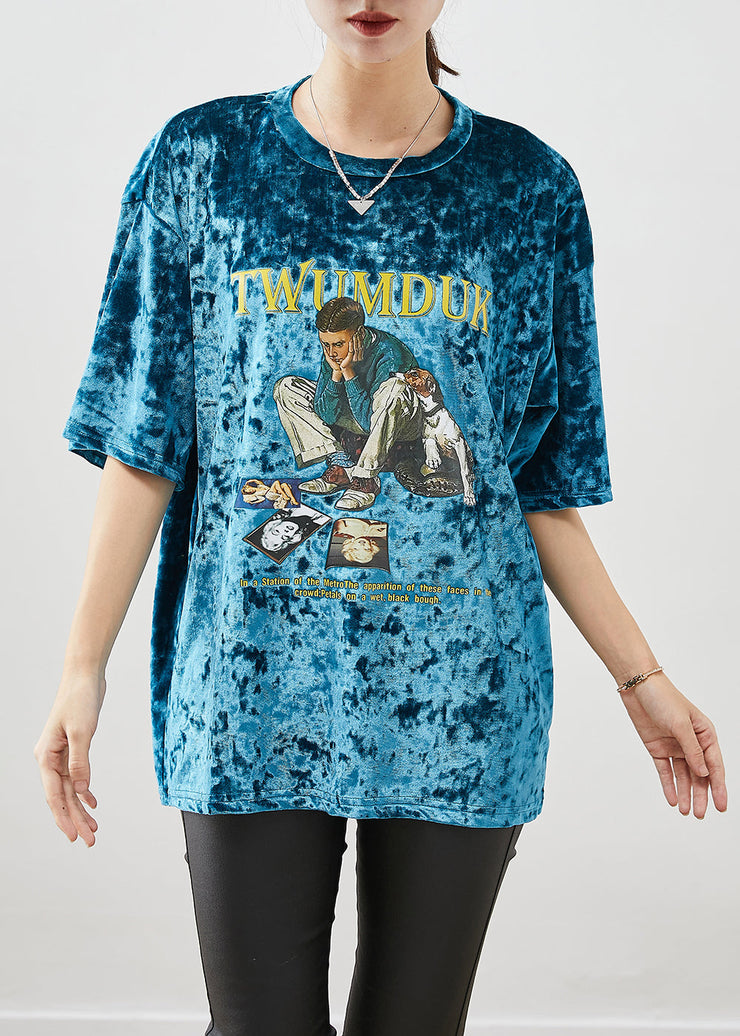 Green Print Silk Velour Pullover Streetwear Oversized Short Sleeve