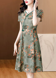 Green Print Slim Fit Chiffon Mid Dresses V Neck Summer