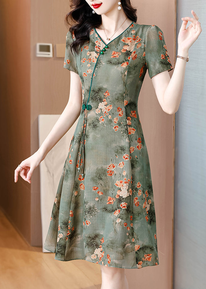 Green Print Slim Fit Chiffon Mid Dresses V Neck Summer