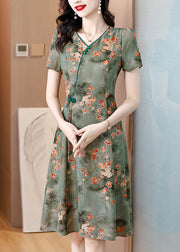 Green Print Slim Fit Chiffon Mid Dresses V Neck Summer