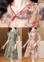 Green Print Slim Fit Chiffon Mid Dresses V Neck Summer