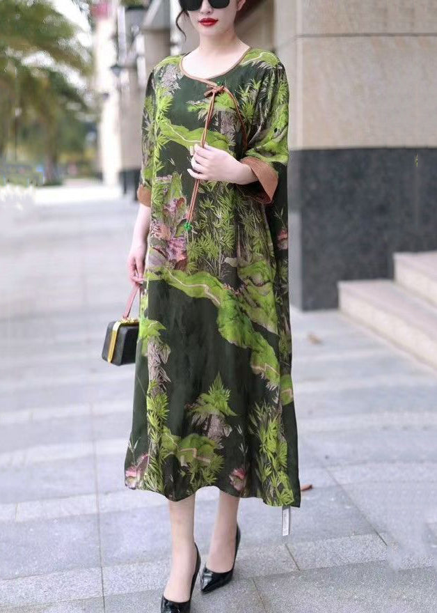 Green Print Tasseled Loose Silk Dress O Neck Half Sleeve