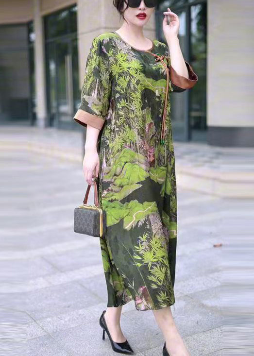 Green Print Tasseled Loose Silk Dress O Neck Half Sleeve