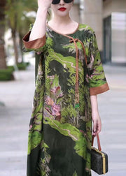 Green Print Tasseled Loose Silk Dress O Neck Half Sleeve