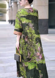 Green Print Tasseled Loose Silk Dress O Neck Half Sleeve