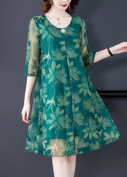 Green Print Tulle Dresses O Neck Half Sleeve